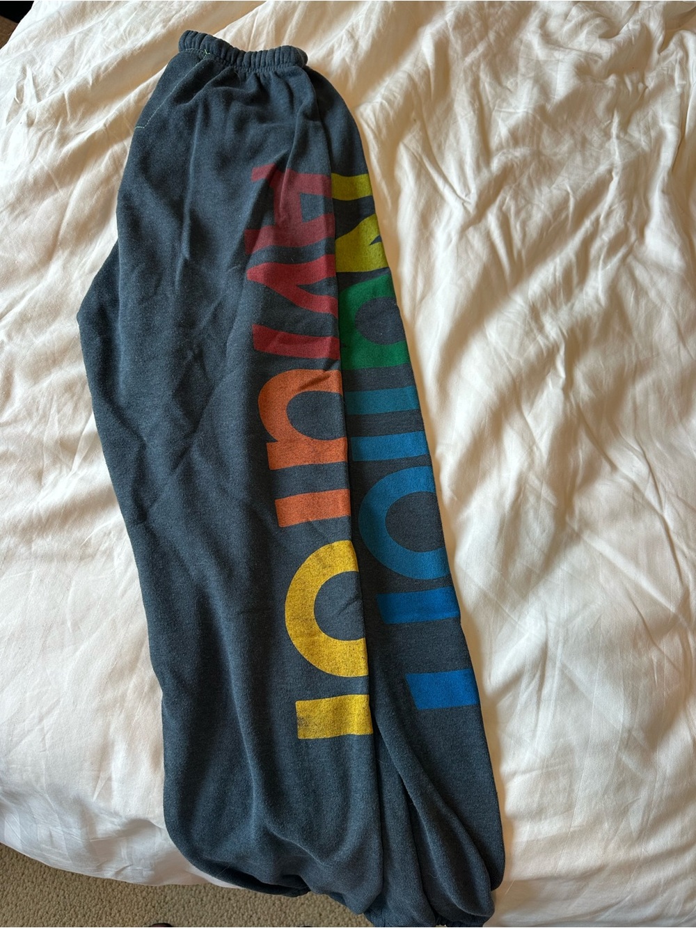 Aviator Nation Unisex Sweatpants with Rainbow Lettering, size S, Charcoal Gray